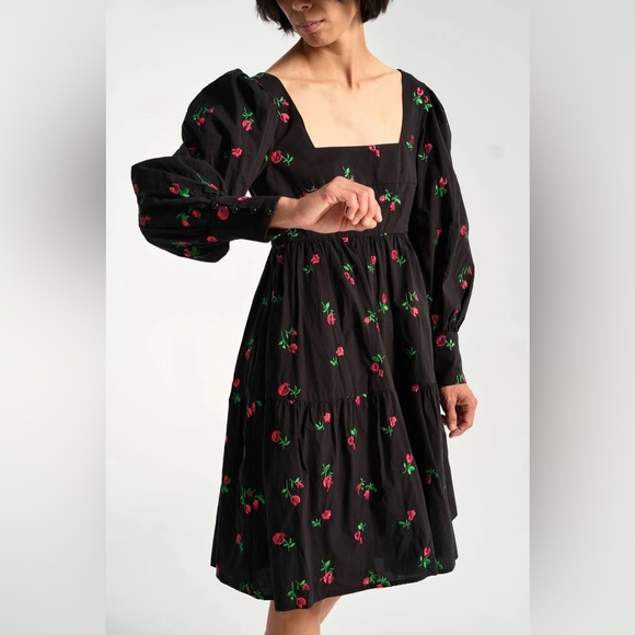Rachel Antonoff Christa Empire Dress in Black Rose Embroidered Detail Size 4 EUC - Picture 1 of 9